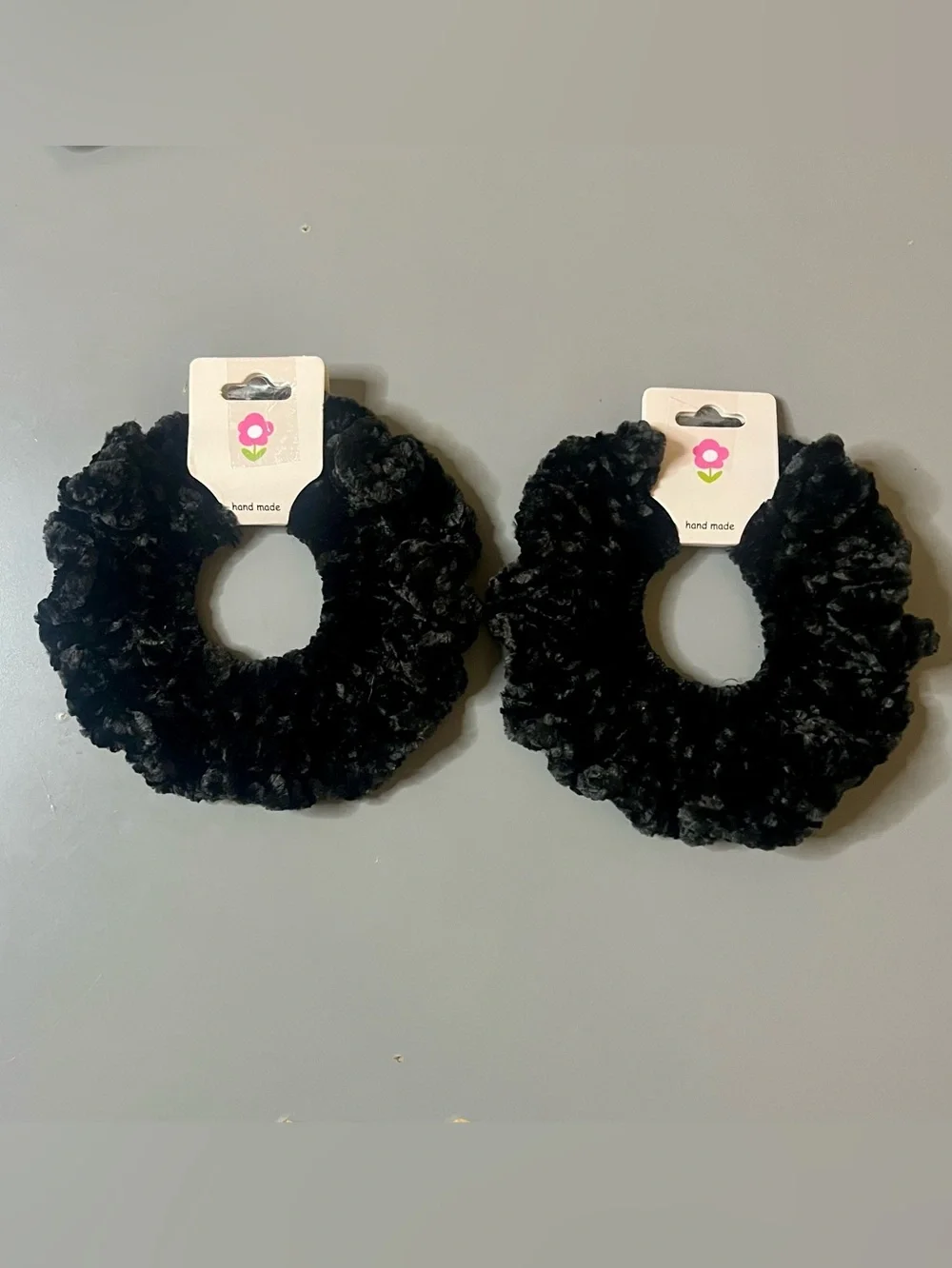 Set of 2 Black Velvet Crochet Scrunchies Handmade NWT Chenille Hair Ties